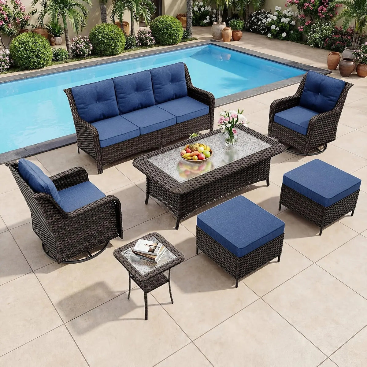 7-Seat Outdoor Sectional Sofa Set PE Rattan Wicker Patio Furniture with Swivel Rocking Chairs Ottoman & Coffee Table, Custom