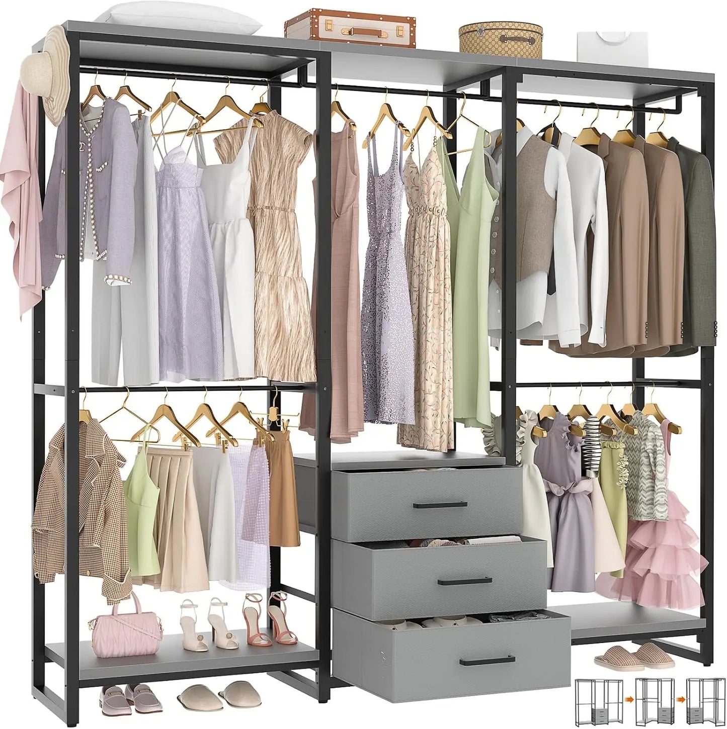 Large L Shaped Corner Clothes Rack Heavy Duty Garment Organizer System Walk In Wardrobe Closet With Fabric Drawers Hanging Rods Storage Shelves For Bedroom White
