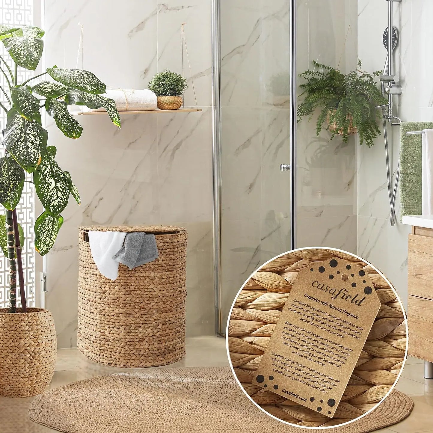 Natural Woven Water Hyacinth Half Moon Laundry Hamper With Lid Attached Hinged Top Removable Fabric Liner Bag Decorative Clothes Storage Basket For Towels Blankets