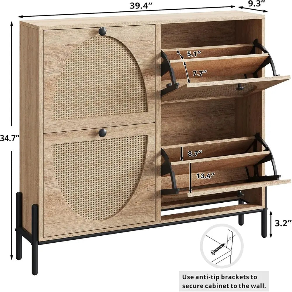 IRONCK Rattan Shoe Cabinet Storage with 4 Flip Drawers, Freestanding Shoe Storage Organizer Cabinet, Narrow Shoe Rack Cabinet