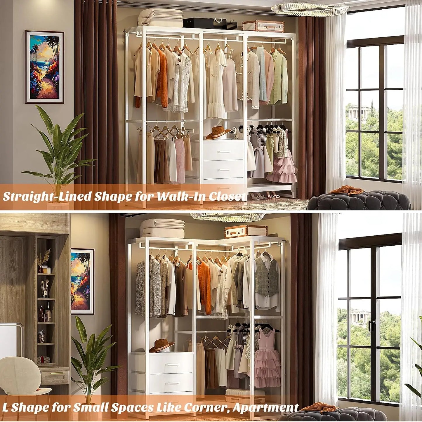 Large L Shaped Corner Clothes Rack Heavy Duty Garment Organizer System Walk In Wardrobe Closet With Fabric Drawers Hanging Rods Storage Shelves For Bedroom White