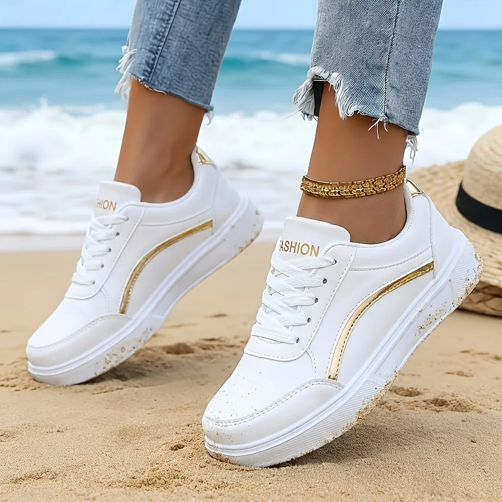 Women Gold Line Platform Skate Shoes 2026 New Fashion Lace Up White Black Casual Sneakers Ladies Soft Leather Lightweight Non Slip Walking Trainers All Match Daily Outdoor Travel Shopping Comfy Versatile Basic Sports Footwear