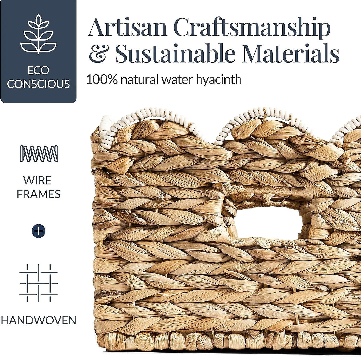 16x12 Scalloped Woven Storage Baskets 2 Pack, Natural White Trim Shelf Bins for Pantry Living Room Nursery Laundry Organizer