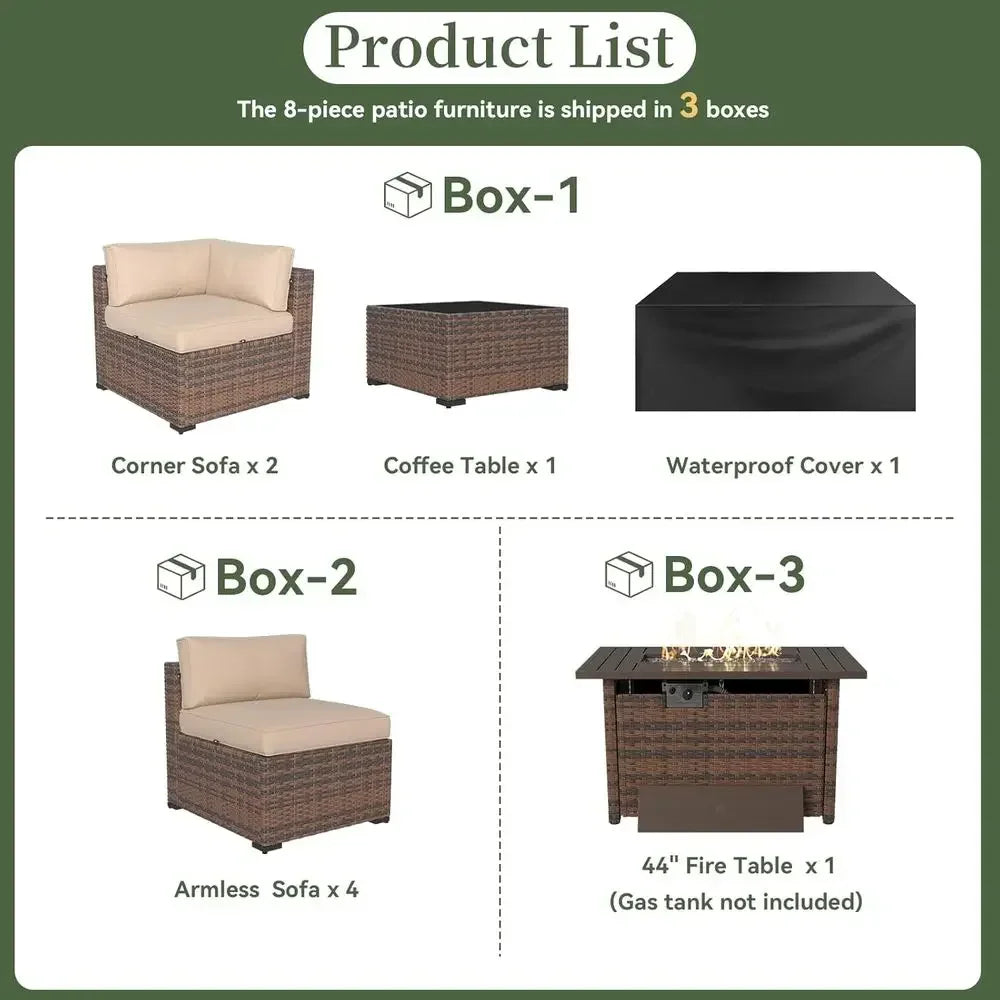 8-Piece Outdoor Wicker Sectional Sofa Set with 44 Fire Pit Table, Beige Waterproof Cushions Included