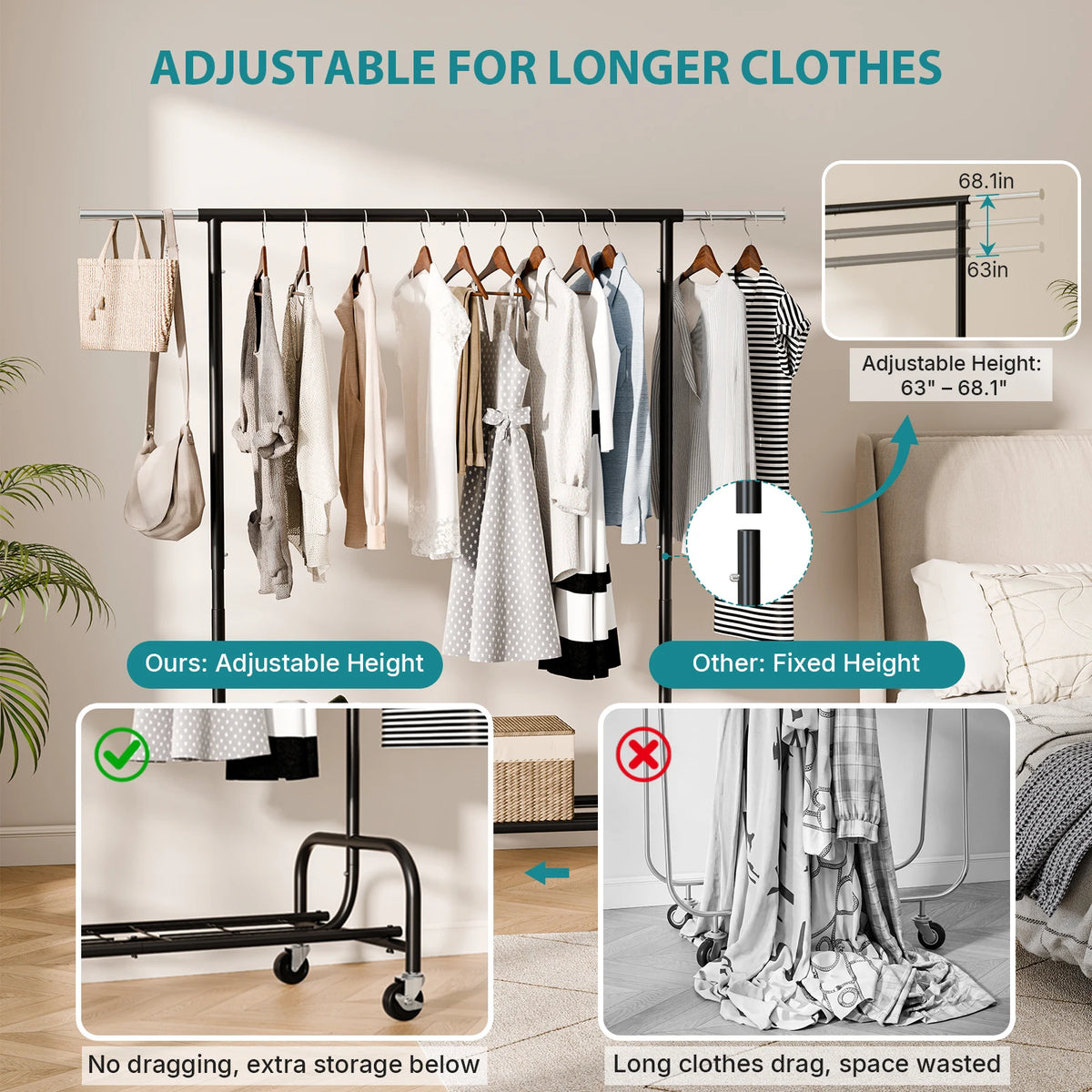 JHK 70IN Portable Single Heavy Duty Clothes Racks with Wheels Movable Metal Adjustable Height Clothing Rack for Hanging Clothes  for Bedroom Storage Organizer