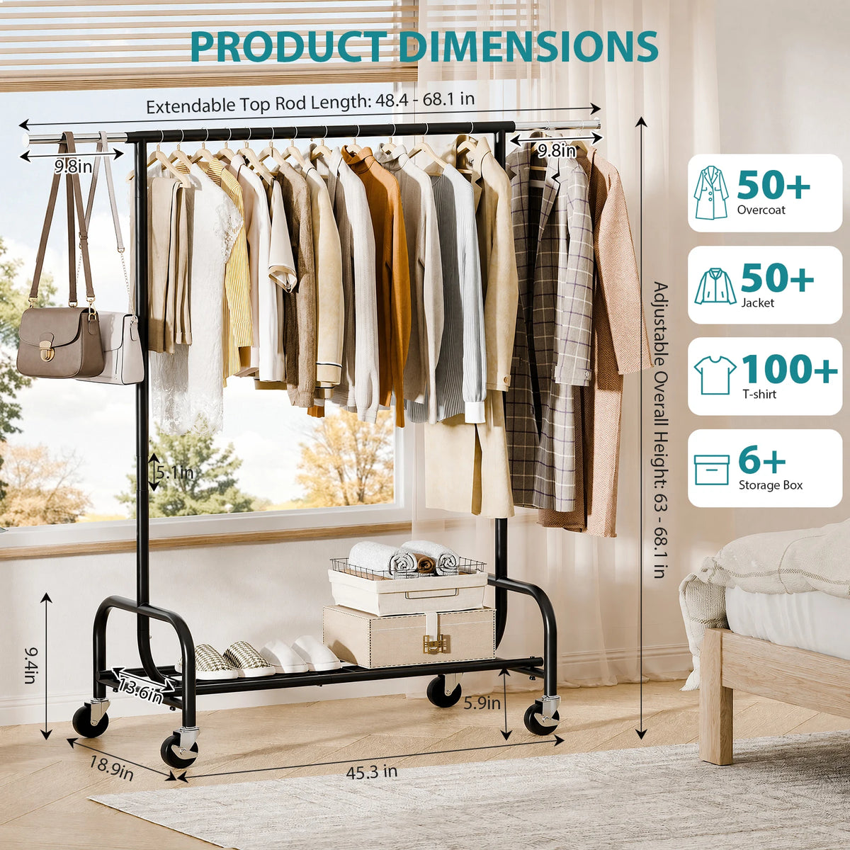 JHK 70IN Portable Single Heavy Duty Clothes Racks with Wheels Movable Metal Adjustable Height Clothing Rack for Hanging Clothes  for Bedroom Storage Organizer