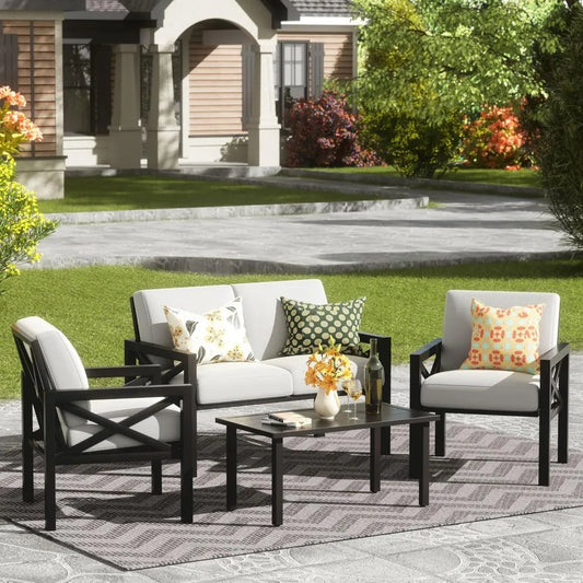 Outdoor Patio Furniture 4 Pieces Set, Modern Patio Conversation Sets, Outdoor Sectional Metal Sofa with 5.5 Inch Cushion
