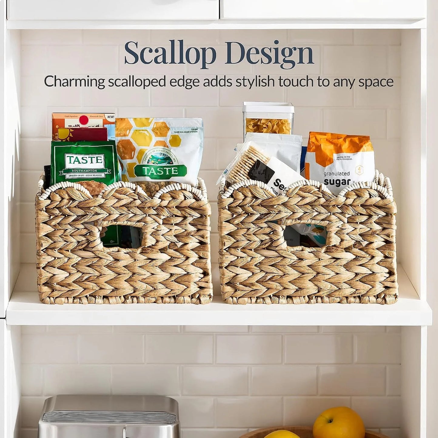 16x12 Scalloped Woven Storage Baskets 2 Pack, Natural White Trim Shelf Bins for Pantry Living Room Nursery Laundry Organizer