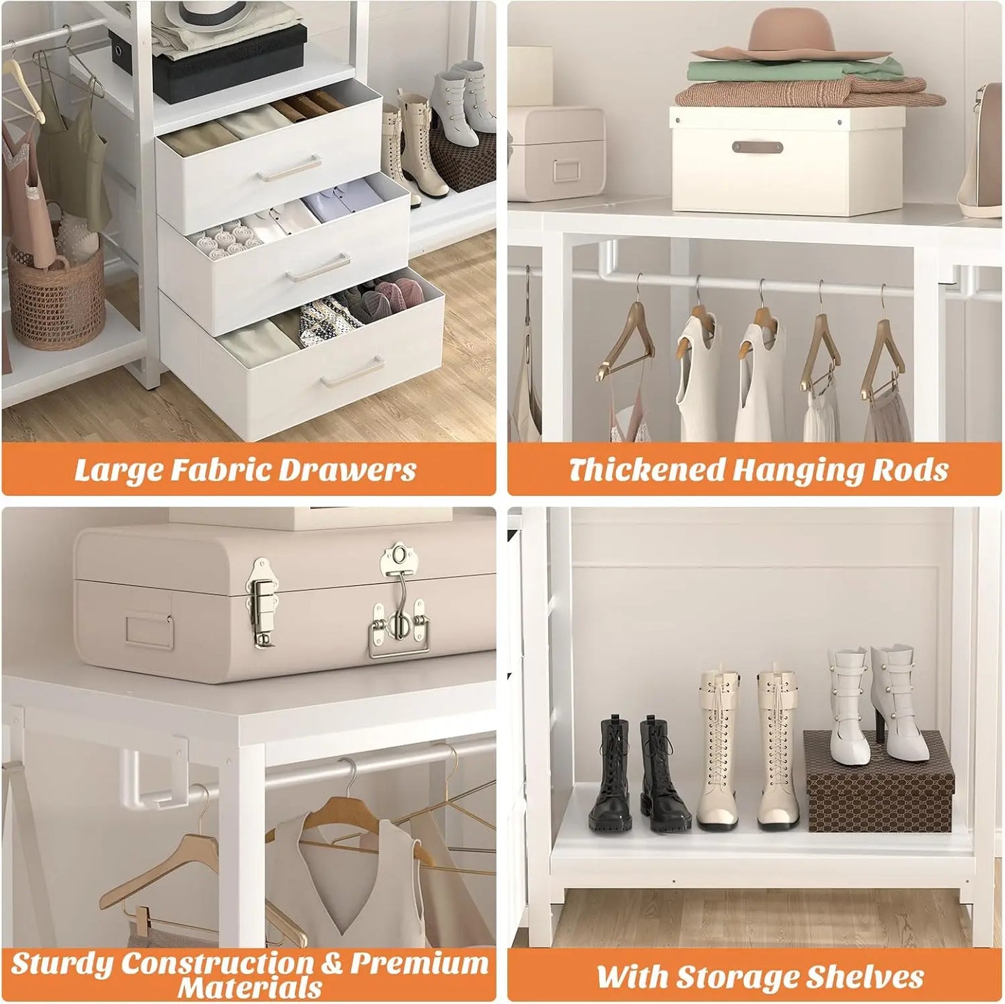 Large L Shaped Corner Clothes Rack Heavy Duty Garment Organizer System Walk In Wardrobe Closet With Fabric Drawers Hanging Rods Storage Shelves For Bedroom White