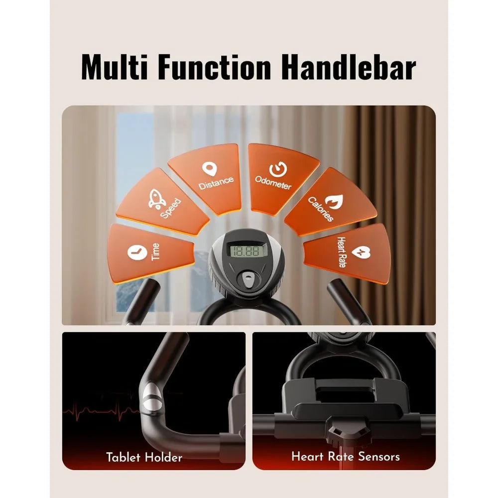 Exercise Bike, Low Noise Stationary Bikes for Home, Adjustable Brake Pad Indoor Cycling Bike, 300lbs Capacity Compact Workout Bi