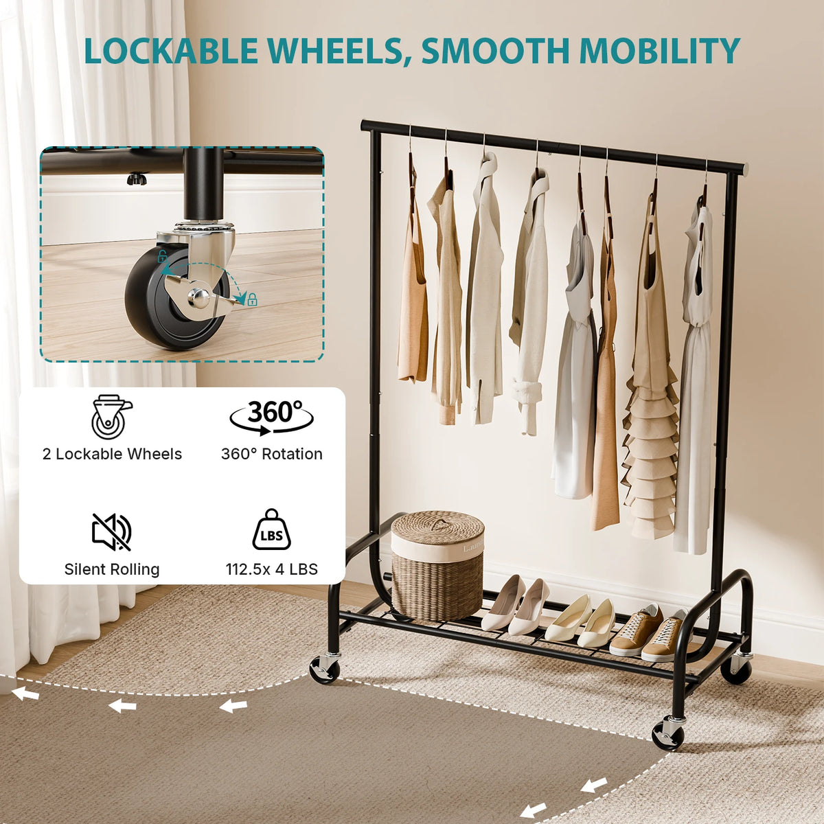 JHK 70IN Portable Single Heavy Duty Clothes Racks with Wheels Movable Metal Adjustable Height Clothing Rack for Hanging Clothes  for Bedroom Storage Organizer