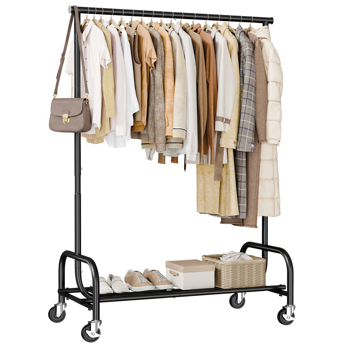 JHK 70IN Portable Single Heavy Duty Clothes Racks with Wheels Movable Metal Adjustable Height Clothing Rack for Hanging Clothes  for Bedroom Storage Organizer
