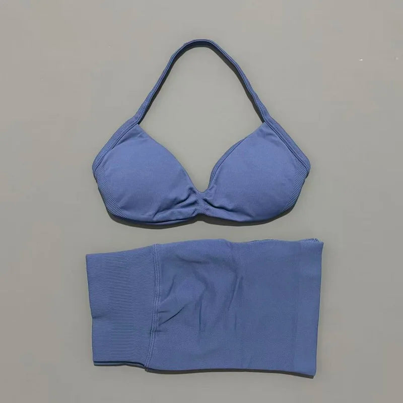 HISTELLO Sports Set 2 Piece Women Strappy Gym Yoga Bra Workout Scrunch Shorts Fitness Sports Suit Clothes Seamless Yoga Set