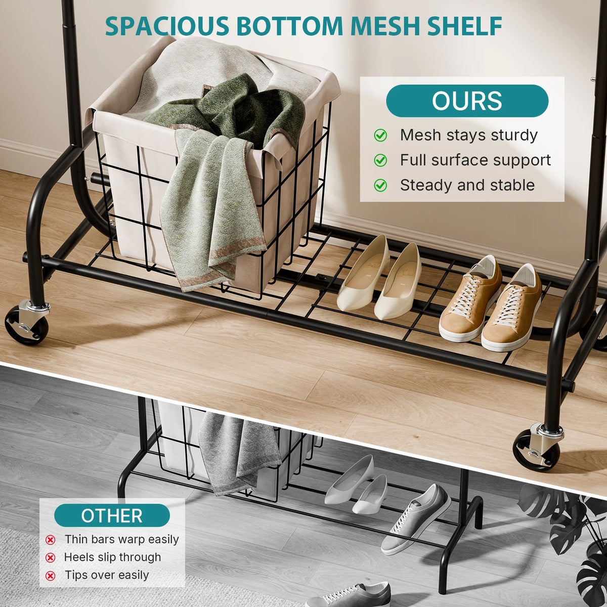 JHK 70IN Portable Single Heavy Duty Clothes Racks with Wheels Movable Metal Adjustable Height Clothing Rack for Hanging Clothes  for Bedroom Storage Organizer