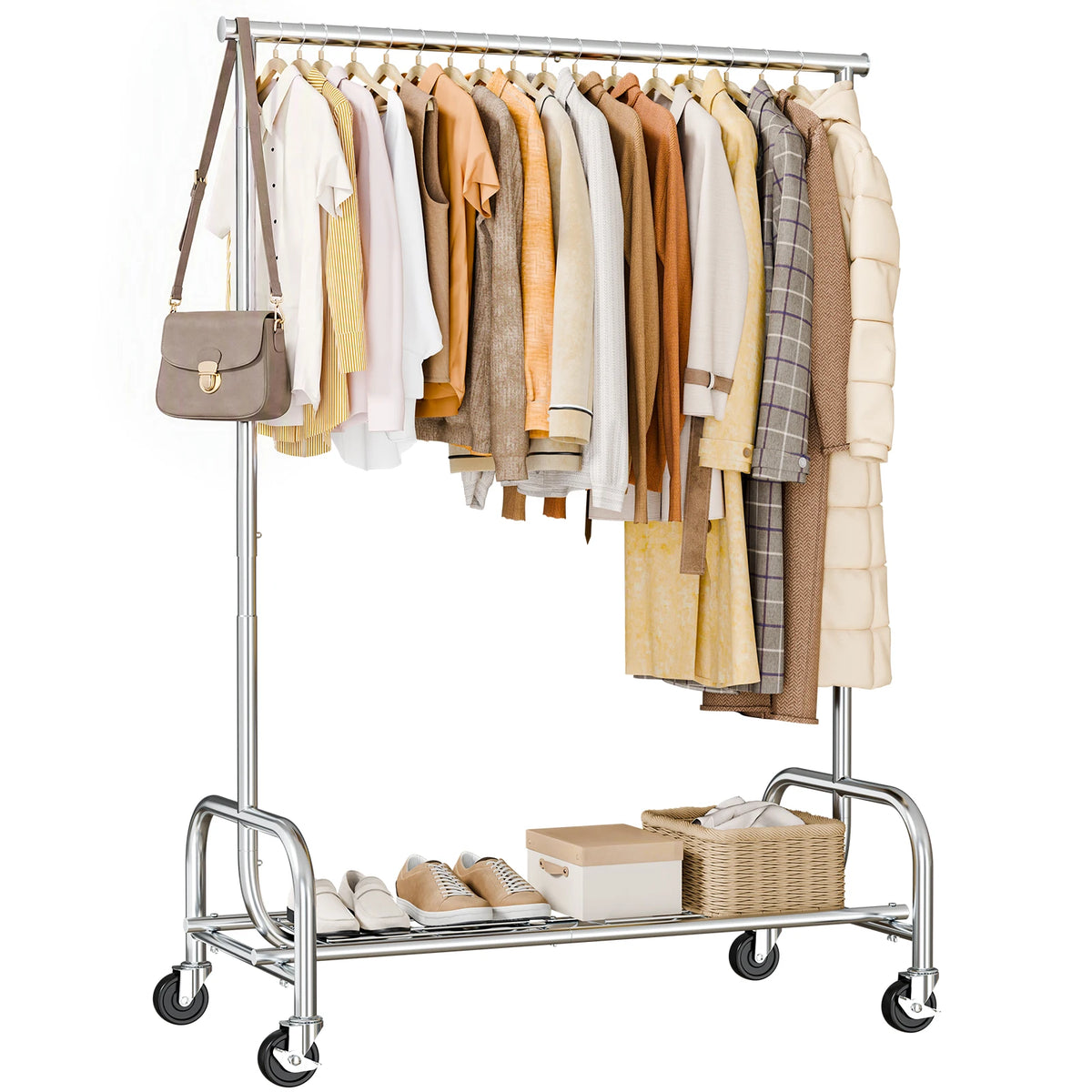 JHK 70IN Portable Single Heavy Duty Clothes Racks with Wheels Movable Metal Adjustable Height Clothing Rack for Hanging Clothes  for Bedroom Storage Organizer