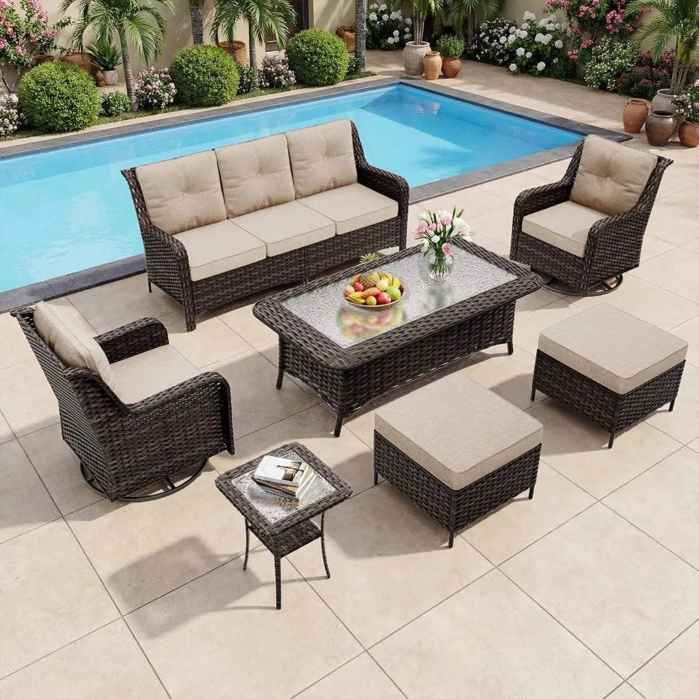 7-Seat Outdoor Sectional Sofa Set PE Rattan Wicker Patio Furniture with Swivel Rocking Chairs Ottoman & Coffee Table, Custom