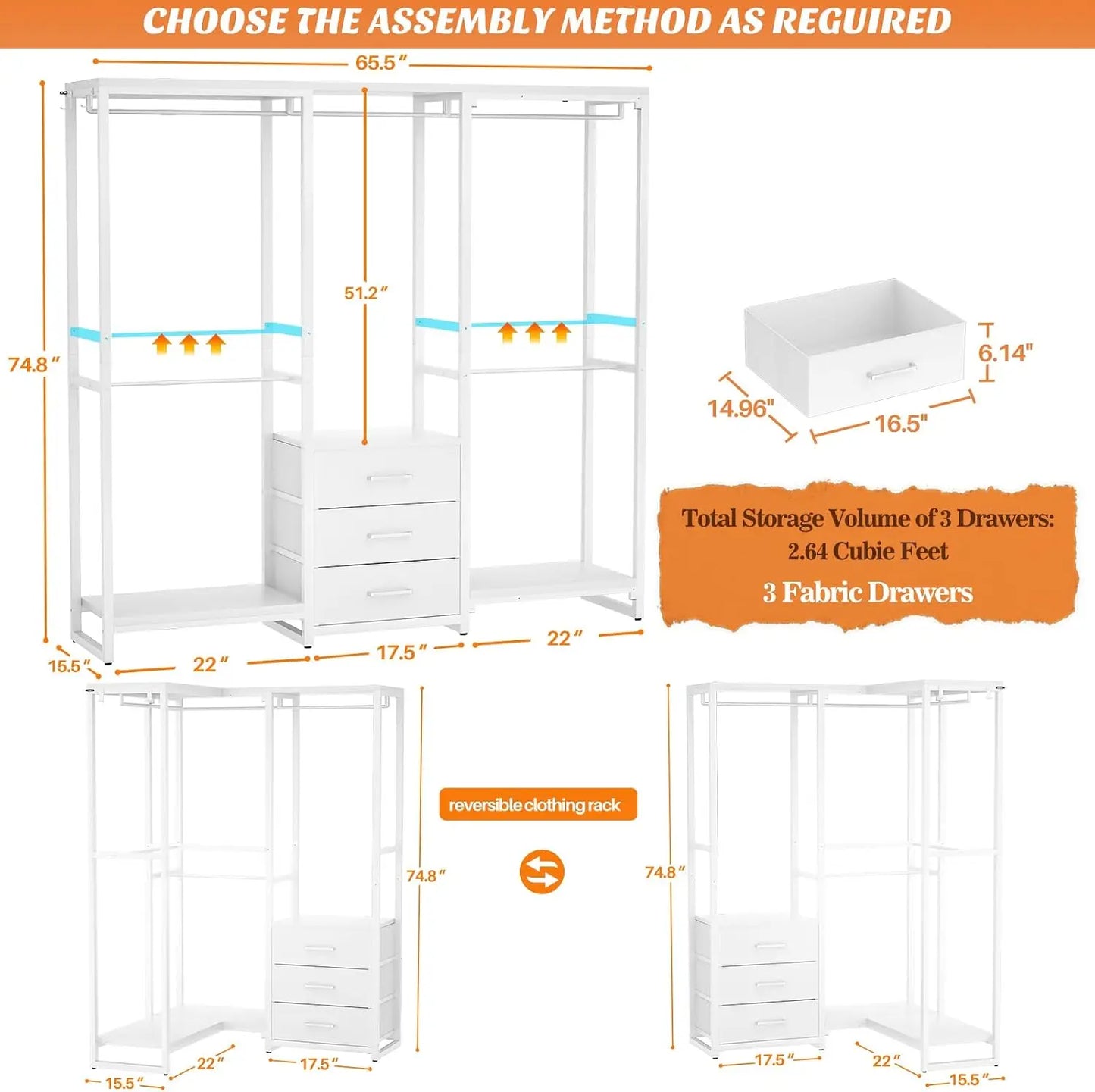 Large L Shaped Corner Clothes Rack Heavy Duty Garment Organizer System Walk In Wardrobe Closet With Fabric Drawers Hanging Rods Storage Shelves For Bedroom White