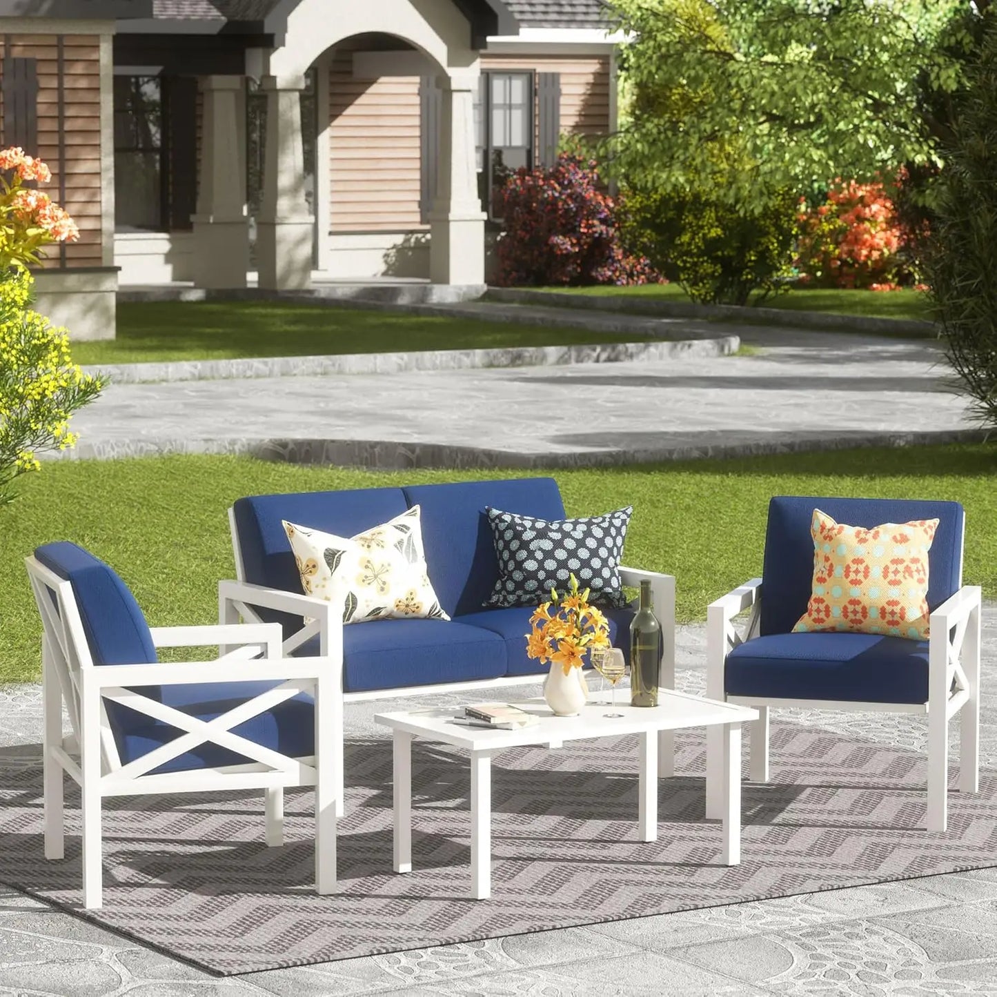 Outdoor Patio Furniture 4 Pieces Set, Modern Patio Conversation Sets, Outdoor Sectional Metal Sofa with 5.5 Inch Cushion